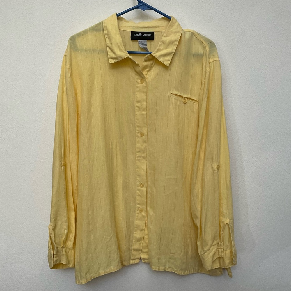 Sag Harbor 100% Linen Yellow Button Down Shirt Size XL Coastal Lightweight